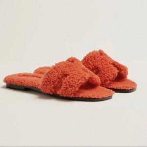 HERMES Oran Teddy Shearling Fur Orange H Slide NEW IN BOX 36
